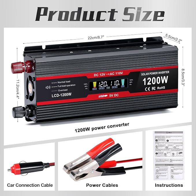 1200Watt Car Power Inverter 12V DC to 110V AC,1200W Inverter,Power Inverters for Vehicles with LCD Display and AC Outlets 2A USB Charging Port (Black)