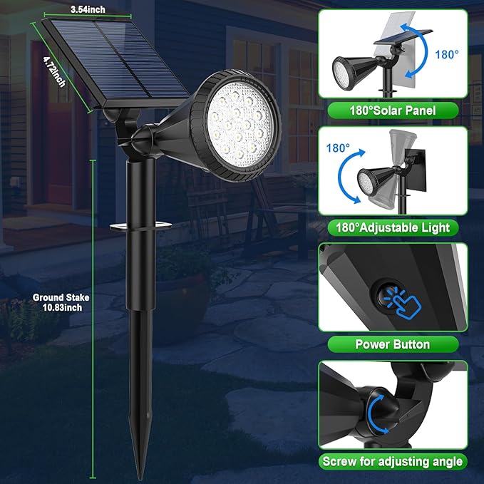 Tadyreal Solar Spot Lights Outdoor Waterproof 180° Adjustable Solar Powered Landscape Lights for Yard 4 Lighting Modes Solar Spotlights for Pathway Garden Outside Wall Pool Porch (2 Pack, Warm White)