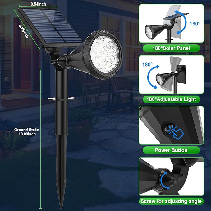 Tadyreal Solar Spot Lights Outdoor Waterproof 180° Adjustable Solar Powered Landscape Lights for Yard 4 Lighting Modes Solar Spotlights for Pathway Garden Outside Wall Pool Porch (2 Pack, Cool White)