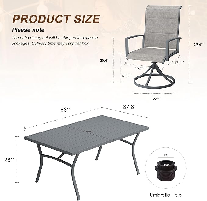 VICLLAX 7 Pieces Outdoor Dining Set, Patio Furniture Set Includes 63" Rectangular Metal Table W/ 1.9" Umbrella Hole and 6 Padded Textilene Swivel Chairs for Porch, Lawn, Garden, Backyard