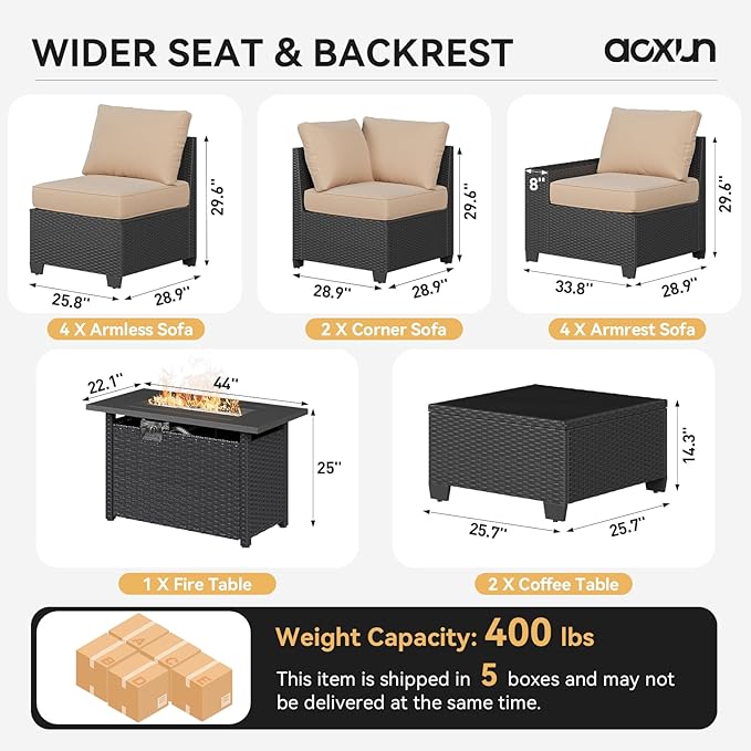 Aoxun Patio Furniture Sets with 44'' Fire Pit, 13 Pcs Outdoor Patio Coversation Set with 4in Thicken Cushion, Widen Armrests Wicker Outdoor Sectional for Backyard (Waterproof Cover Include)