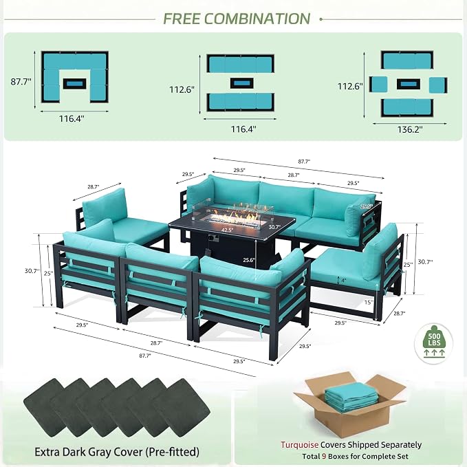 RADIATA 9 Piece Large Modern Aluminum Outdoor Patio Furniture Set with Fire Pit Table Propane/Gas, 29 inch Wide Deep Seat, Anti-Rust Comfy Sectional Sofa, 500 lbs Sturdy Conversation Set, Turquoise