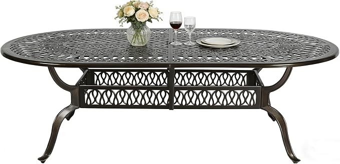 MEETWARM 84"x44" Cast Aluminum Patio Dining Table, Weather-Resistant Large Outdoor Dining Table for 8 Person, Patio Furniture Oval Table with Umbrella Hole and Adjustable Foot Pads, Dark Bronze