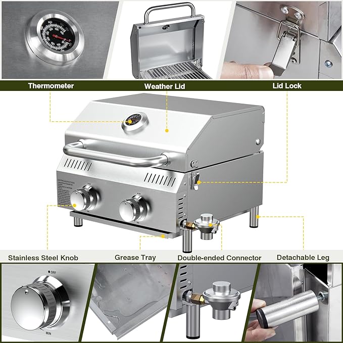 Bestfire Tabletop Propane Gas Grill 2 Burners- Dual Connections, 20,000 BTUs Stainless Steel Portable Grill Fits Large Gas Cylinders and Small Canisters for Outdoor Camping and RV Trips