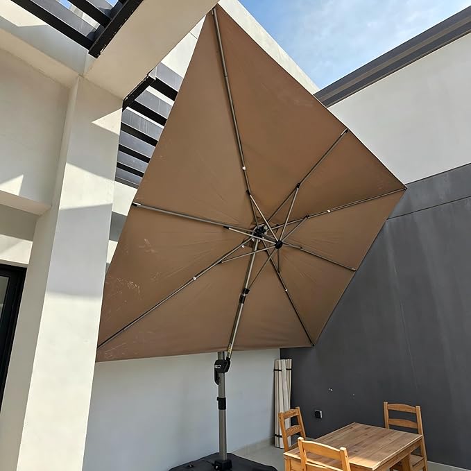 PURPLE LEAF 9' X 11' Patio Umbrella, Rectangle Outdoor Cantilever Umbrella, Aluminum Offset Umbrella with Champagne Frame and 360° Rotation for Pool Deck Garden, Taupe