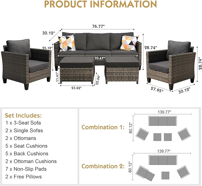 HOOOWOOO 5-Piece Luxury Patio Furniture Set– Stylish, Comfortable Outdoor Rattan Sofa Set with 2 Chairs, 2 Ottoamns, Weather-Resistant Patio Conversation Set for Deck, Garden, Balcony (Black)