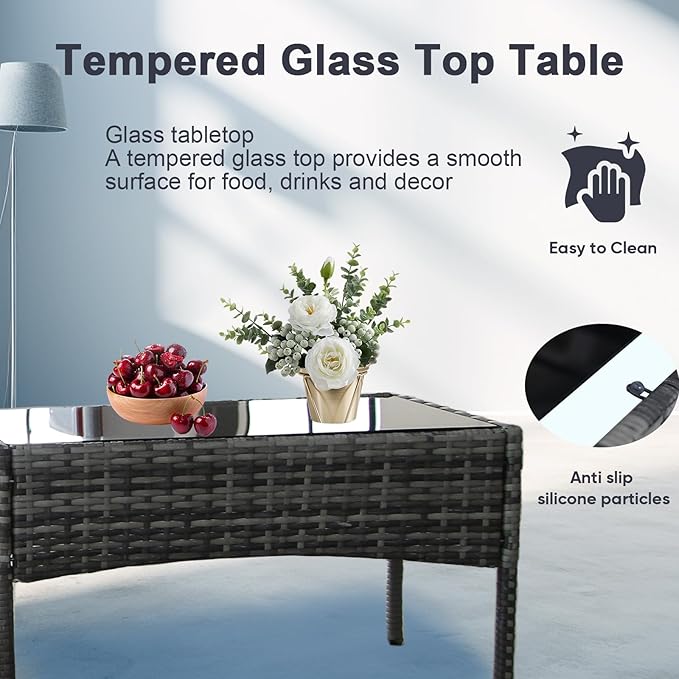 Outdoor Furniture Set of 4 Pieces with PE Waterproof Rattan Tempered Glass Table and Thick Cushions Suitable for Gardens Porches Terraces and Balconies Easy to Assemble, Grey