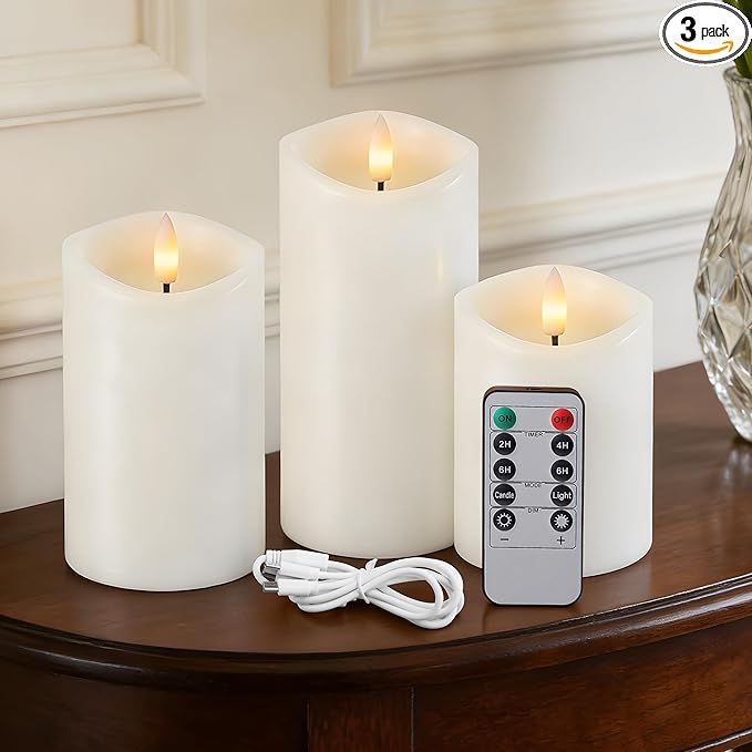 Rechargeable Flickering Flameless Candles Melted Edge Battery Operated with Remote and Timer, Real Wax LED USB Type-C Pillar Candles, Set of 3 (3" x 4",5",6"), White,Home Decor