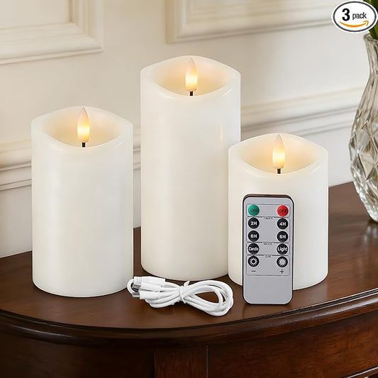 Rechargeable Flickering Flameless Candles Melted Edge Battery Operated with Remote and Timer, Real Wax LED USB Type-C Pillar Candles, Set of 3 (3" x 4",5",6"), White,Home Decor