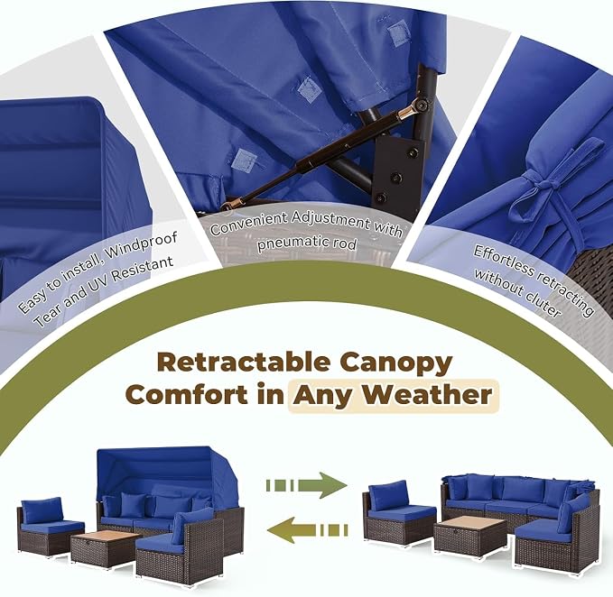 6-Piece Outdoor Sectional Sofa Set with Retractable Canopy and Adjustable Backrest, Patio Conversation Set Rattan Garden Lounge Furniture for Backyard, Deck, Porch, or Balcony Seating(Beige)