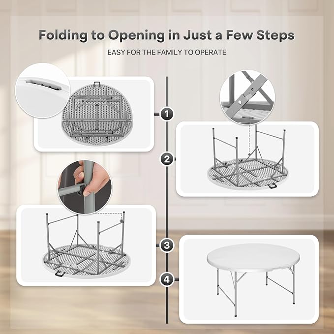Athena Collection 4.5ft Folding Table, Indoor Outdoor Foldable Round Card Table Portable Plastic Craft Table with Lock & Handle, Collapsible Dining Table Desk for Commercial Party Camping, White