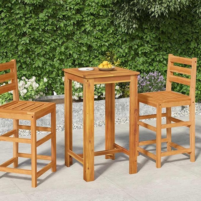 Solid Acacia Wood Garden Bar Table, Natural Brown Outdoor Bar Table for Four Guests, Oiled Finish for Moisture Protection