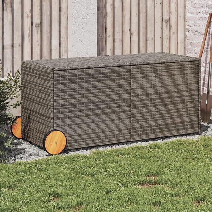 Large Garden Storage Box with Wheels, 283L Weather-Resistant Outdoor Deck Bin for Patio Cushions, Blankets, and Pool Supplies, Grey Synthetic Poly Rattan