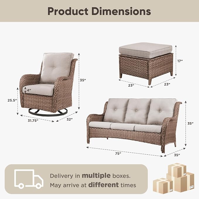 Belord 5 Piece Wicker Patio Furniture Set, Outdoor Swivel Rocker Chairs Set of 2 with Ottomans and 3 Seater Sofa, All Weather Patio Conversation Furniture Set, for Porch Pool, Yellow Wicker/Beige
