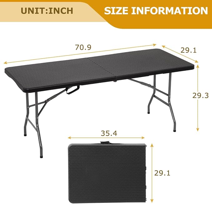 6FT White Folding Table, Portable Collapsible Dinner Table – Indoor/Outdoor Use for Camping, Patio, Yard, Wedding, Party & Cocktail Display, 500LBS (Black Ratten)