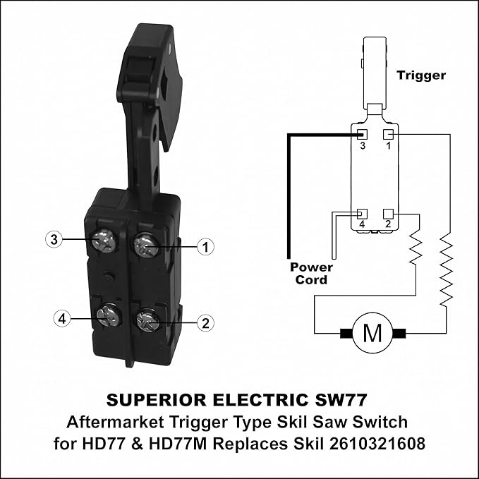 Electric SW77 trigger switch 20-amp, compatible with Skil HD77 and HD77M chainsaw switches, can replace Skil 2610321608, Ryobi and Ridgid 760245002