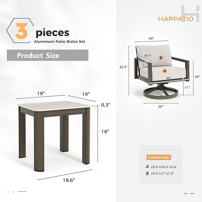 HAPPATIO Patio Conversation Set, 3-Piece Aluminum Oversized Patio Furniture Set with Rope Backrest, Side Table and 2 Swivel Chairs with Thick Cushion, Hand-Brushed Frame for Yard, Porch, Balcony