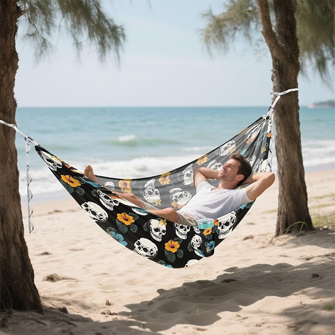 Camping Hammock Outdoor Hammocks for Outside Skull Hibiscus Flower Beach Trees Portable Lightweight with Pockets Tree Straps Indoor