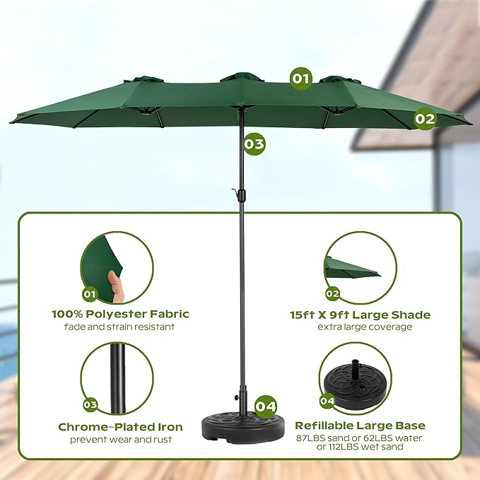15ft Umbrella Outdoor Patio - Double-Sided Large Market Rectangle Umbrellas with Crank Handle for Patio Garden Yard Pool (No Base)