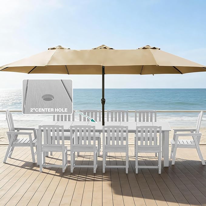 11-Piece Patio Dining Set, Outdoor Dining Set for 10, HDPE All-Weather Outdoor Furniture with 89.57” Umbrella Hole Table, 2 Armchairs & 8 Armless Chairs, White