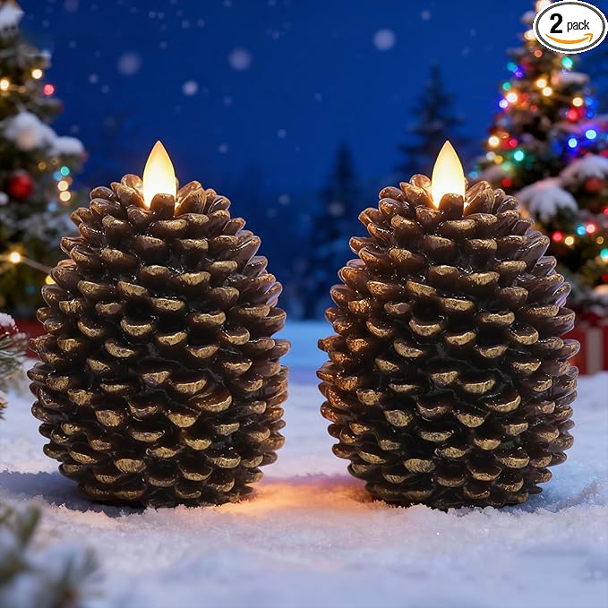 LED Flameless Pinecone Candles with 6H Timer, Battery Operated Waxy Pillar Candles, 2 Pack Christmas Candles Flickering Acorn Decor Woodsy Home Décor Christmas Gifts(Brown, 3.5 x 4.7 Inch)
