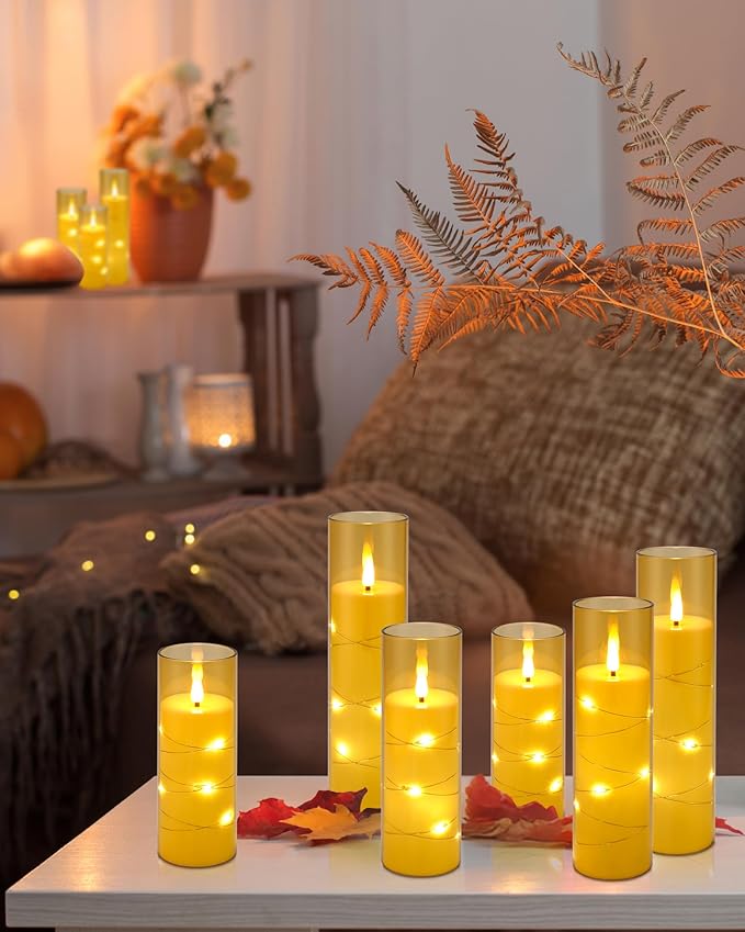 Enido Gold 10 Pc Flameless LED Candles with Remote Acrylic Shell Set Battery Operated, Flickering Electric Lights with Embedded Star String for Cozy Home, Good Holiday Romantic Decor