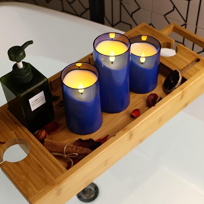 NURADA Flameless Candles: LED Pillar Acrylic Electric Battery Candles with Remote and Timer for Wedding Party Home Valentine Romantic Decor - Pack of 3 Blue