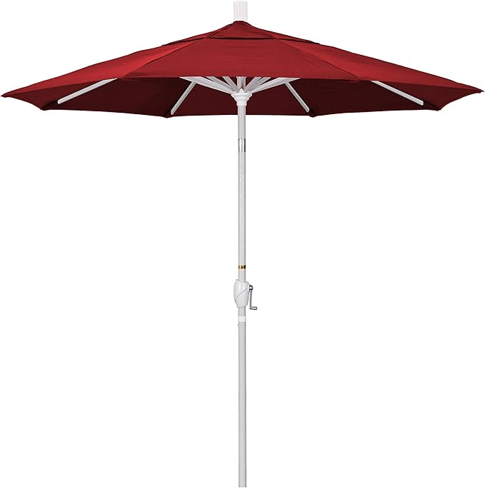 California Umbrella 7.5' Round Aluminum Market Umbrella, Crank Lift, Push Button Tilt, White Pole, Red Olefin