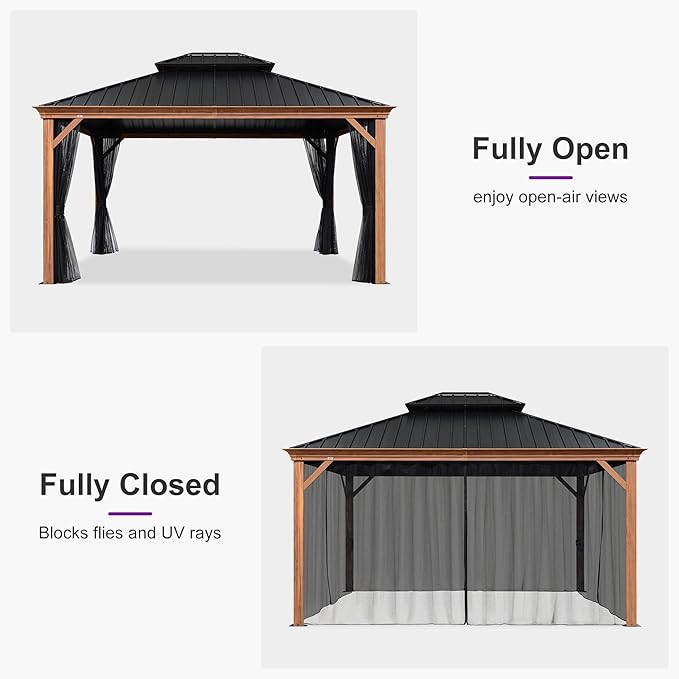 PURPLE LEAF 12' X 14' Outdoor Hardtop Gazebo for Patio Galvanized Steel Double Roof Permanent Canopy Teak Finish Coated Aluminum Frame Pavilion Gazebo with Netting and Lights
