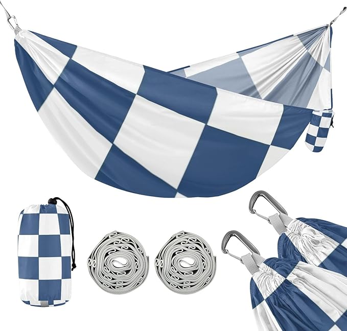 White and Blue American Plaid 330lb Capacity Camping Hammocks with Hanging Rope Backyard Hammock for Outside Patio Backyard Poolside Base para poner hamaca