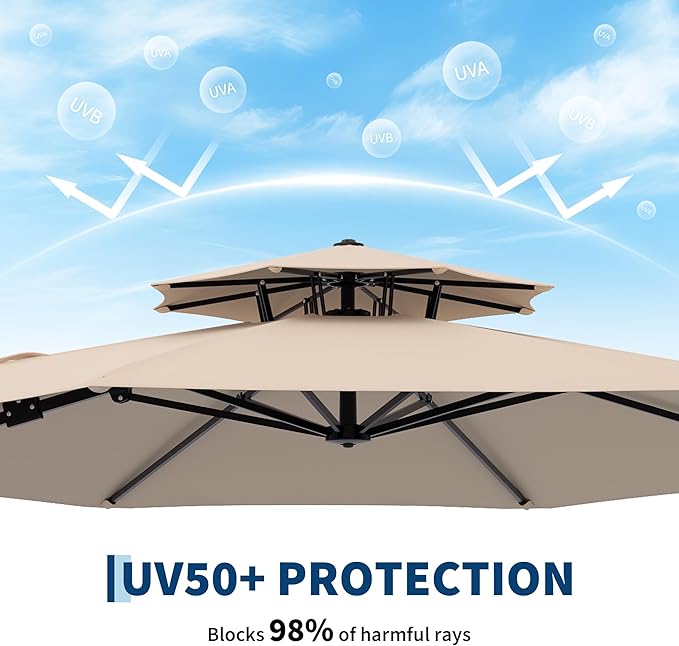 10x10 ft Round Outdoor Umbrella, Cantilever Patio Umbrella with 360° Rotation & Adjustable Height, Heavy Duty Aluminum Umbrella Outdoor Patio for Garden Poolside,Khaki (Base Not Included)