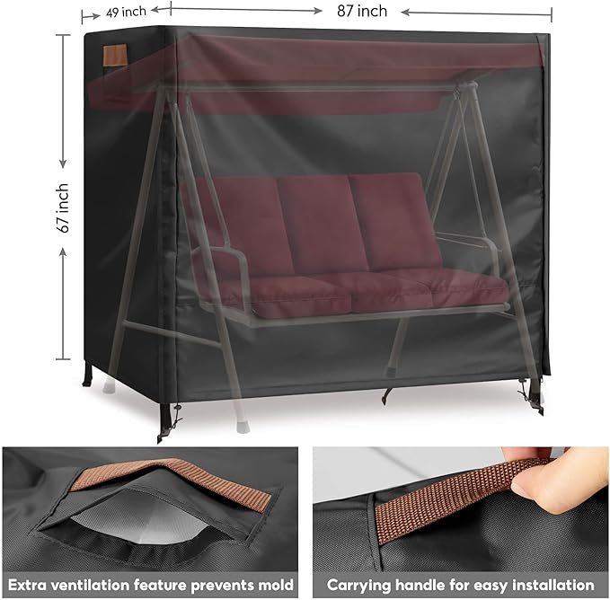 Outdoor Swing Covers for Patio Swing 3 Seater, 87" L X 49" D X 67" H, 3 Seat Swing Cover Waterproof, Porch Patio Swing Canopy Cover, Windproof UV Resistant All Weather Protector - Black