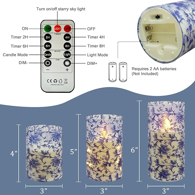 Floral Flickering Flameless Candles, Recessed String Light LED Candles 3D Wick Acrylic Battery Operated LED Pillar Candles with Remote and Timer for Home Decor Set of 3(Blue & White)