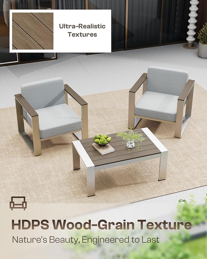 Patio Furniture Set, 5 Piece Aluminum Outdoor Furniture Set with Coffee Table, Wide Seat and Thick Cushions, Modern Outdoor Patio Conversation Sets for Deck, Porch (LightGray)