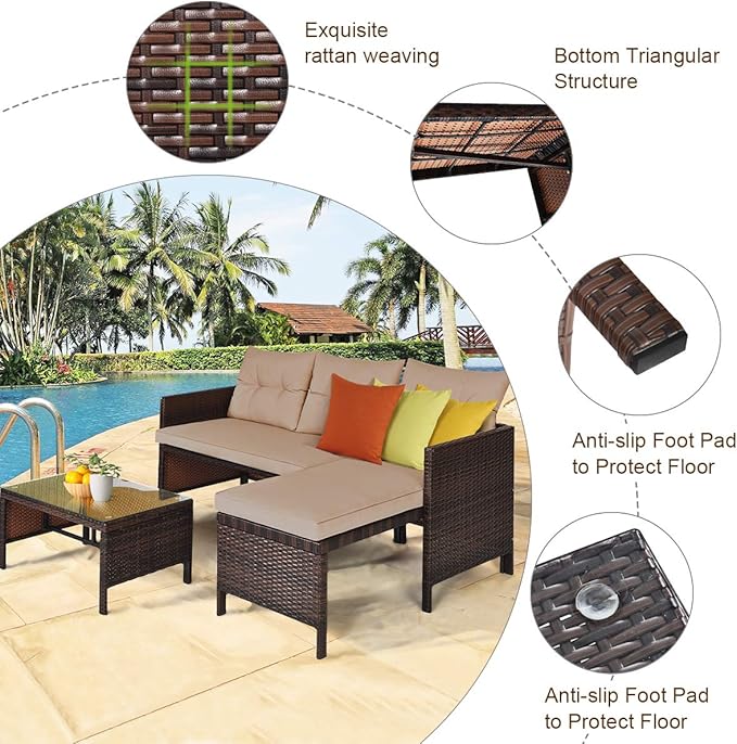 DORTALA 3 Piece Wicker Patio Furniture Set, PE Rattan Outdoor Sectional Sofa Conversation Set with Loveseat, Lounge and Tempered Glass Coffee Table for Garden Lawn Deck (Brown)