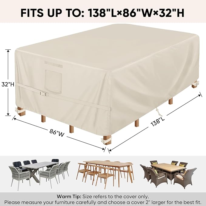 BALEINE Patio Furniture Covers, Outdoor Furniture Covers Waterproof, Heavy Duty Oxford Patio Table Cover for Outdoor Table, Chair, Sofa, Desk (Beige 138"L×86"W×32"H)