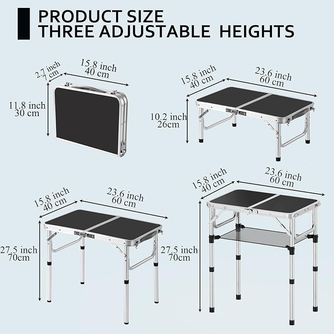 YihuiKo Folding Picnic Table with Storage Net, Black Folding Table 23.6" x 15.8", Adjustable Height Max 27.5", Lightweight Portable for Camping Travel Indoor