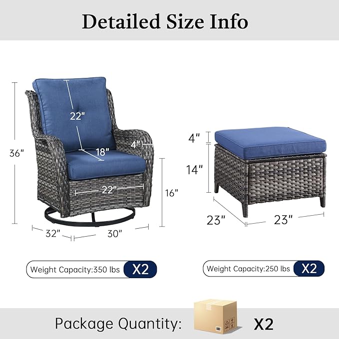 Outdoor Swivel Chairs-Patio Swivel Glider Chairs with Ottomans Outdoor Conversation Set for Deck Balcony Poolside Backyard-Grey/Blue