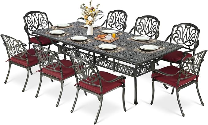 MEETWARM 9-Piece Outdoor Patio Dining Set for 8, All Weather Cast Aluminum Patio Funiture Table and Chairs Set- 94.5” Rectangular Table and 8 Cushioned Chairs for Garden, 2" Umbrella Hole, Chili Red