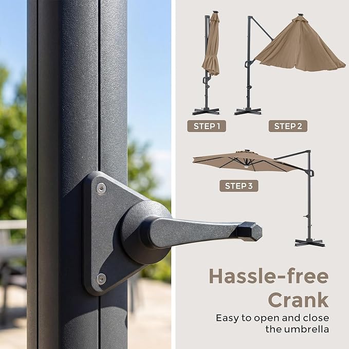 Tangkula 10ft Patio Umbrella with Solar Lights, Offset Cantilever Square Outdoor Umbrella with 35 LED Lights, Aluminum Pole, 360 Degree Rotation, Tilt Adjustment, Air Vent for Pool Deck Yard (Tan)