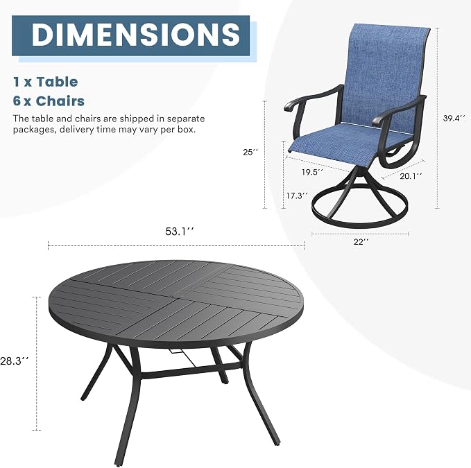 DIFY Patio Table and Chairs Set for 6, 7 Piece Outdoor Dining Set, 53.1" Black Round Metal Dining Table with Umbrella Hole and 6 Blue Textilene Swivel Patio Chairs, for Garden Backyard Deck
