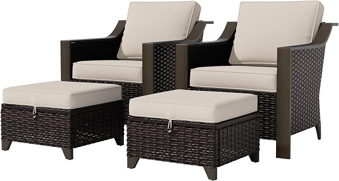 4 Piece Wicker Patio Conversation Set, All-Weather Use Outdoor 2 PE Rattan Chair, 2 Ottoman, Removable Water-Resistant Cushion, Ideal for Porch, Backyard, Balcony, Poolside, Beige