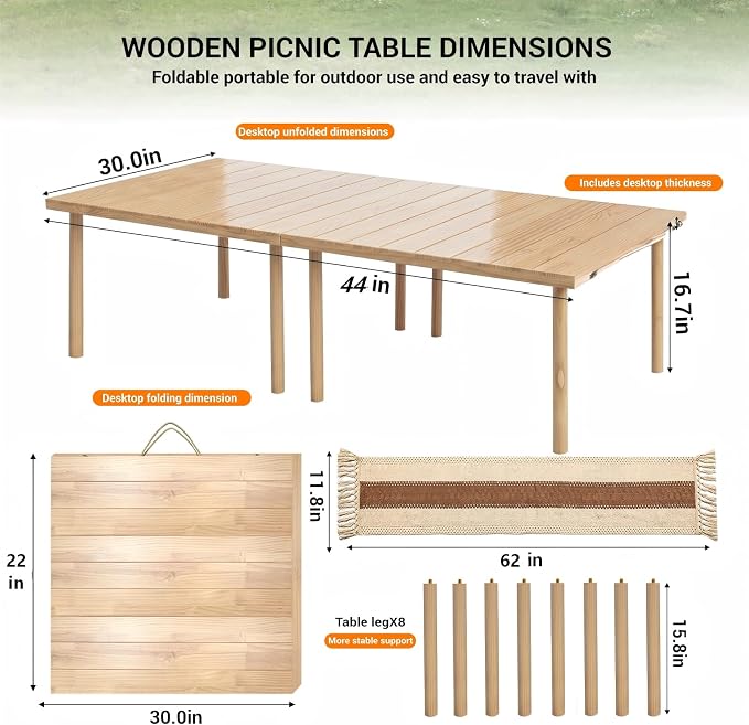 Upgraded Mini Low Wooden Folding Picnic Table with 8-Legs, Thick Varnished Tabletop, 44"×30" Portable Boho Beach Table with Table Runner for Yard, Camping, Indoor & Outdoor (Vertical Stripe)