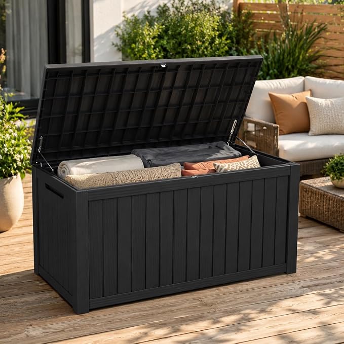 180 Gallon Large Outdoor Storage XXL Deck Box for Patio Furniture, Outdoor Cushions, Garden Tools and Sports/Pools Equipment, Waterproof Resin, Lockable, Black (Black + Plastic-2)