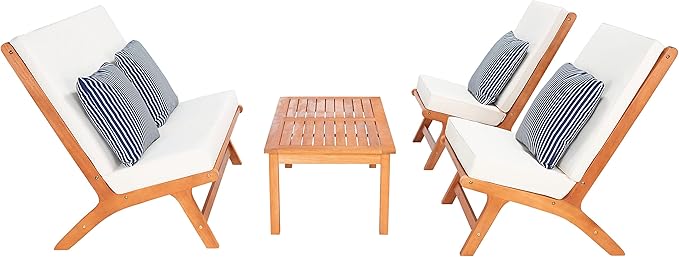 Safavieh Outdoor Chaston Natural and Beige 4-Piece Set with Navy Striped Pillows