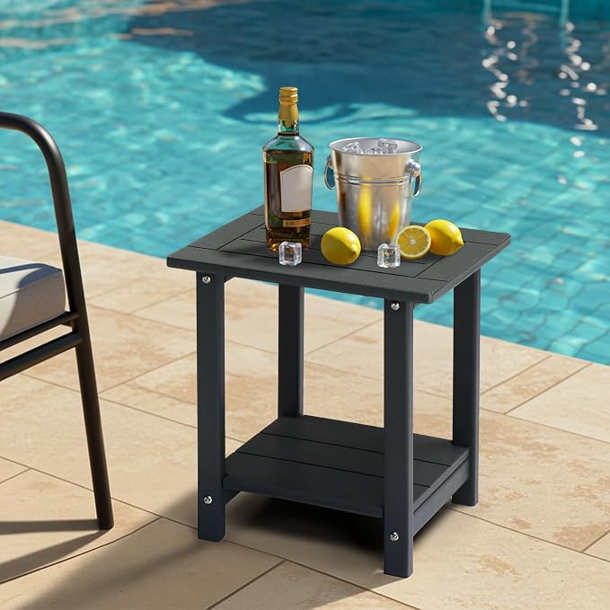 2-Tier Outdoor Side Table, Adirondack Square Side Table, HDPE Adirondack Table Patio Side Table, Weather Resistant End Table Small Outdoor Table for Backyard Pool Porch Garden Lawn,Dark Grey