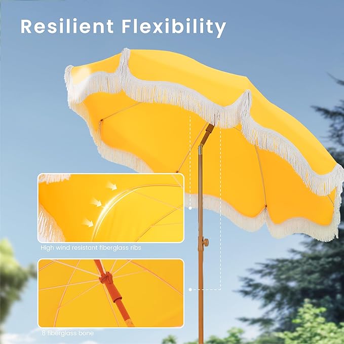 PHI VILLA 7ft Fringe Beach Umbrella with Sand Anchor, Outdoor Patio Portable Beach Umbrella for Sand with Tassels, Push Button Tilt & Carrying Bag, UPF 50+, Yellow