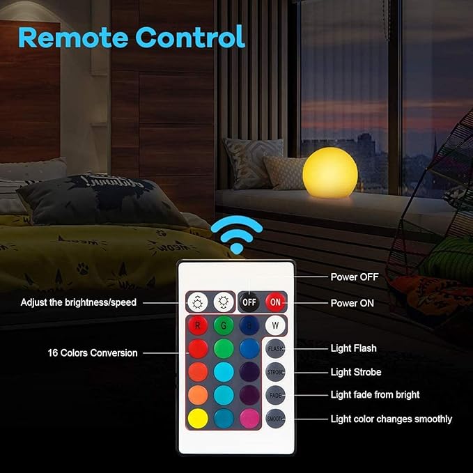 Borelor LED Ball Light, 8-Inch Rechargeable & Remote Control Globe Lights 16 RGB Colors Changing Indoor/Outdoor Night Light for Home/Party/Lawn/Desk Decoration