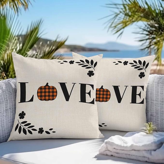 Orange Pumpkin Outdoor Waterproof Pillow Covers, Fall Leaves Love Heart Beige Pastoral Decorative Square Throw Pillowcase Sofa Cushion Sham for Patio/Couch/Chair, 18"x18" 2 Pack