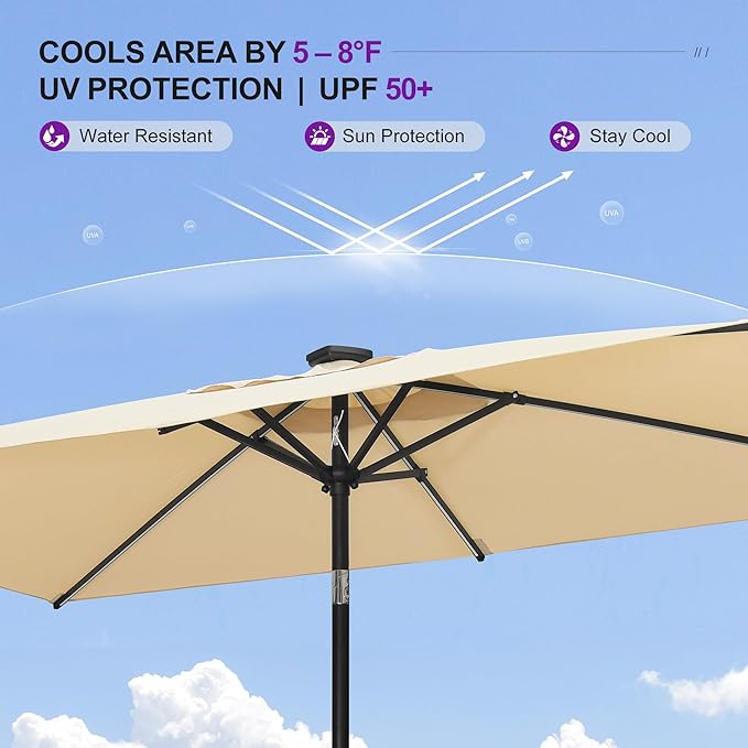 PURPLE LEAF 5' x 8' Rectangular Patio Umbrella with Solar LED Outdoor Table Umbrella Aluminum Frame Market Umbrella Sun Umbrella for Garden Deck Lawn Pool Beige